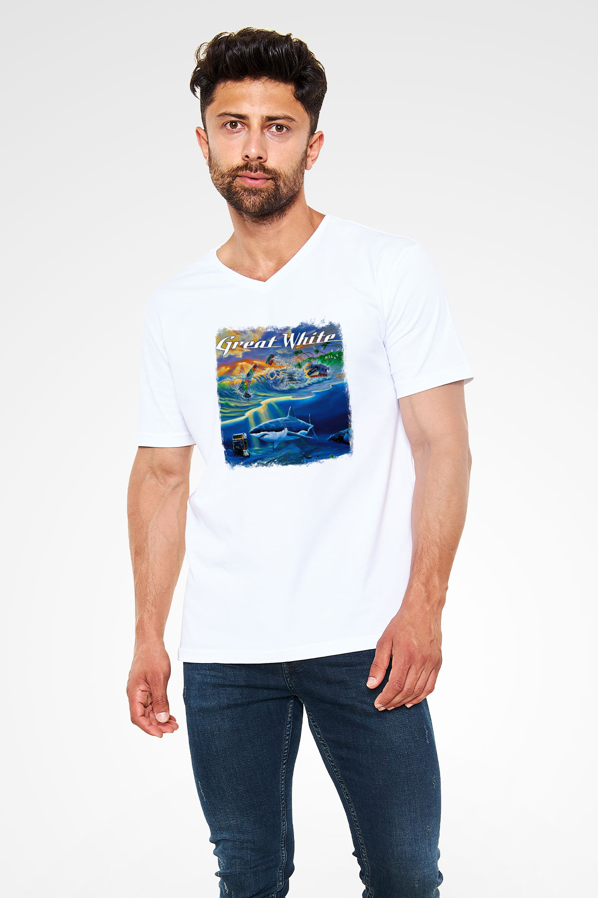 Great White Baskılı Unisex Beyaz V Yaka Tişört