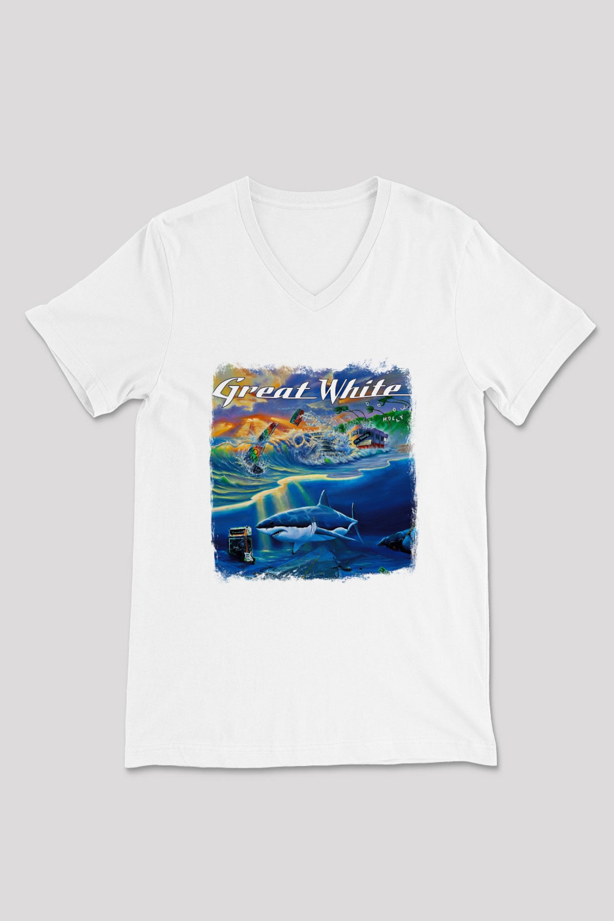 Great White Baskılı Unisex Beyaz V Yaka Tişört
