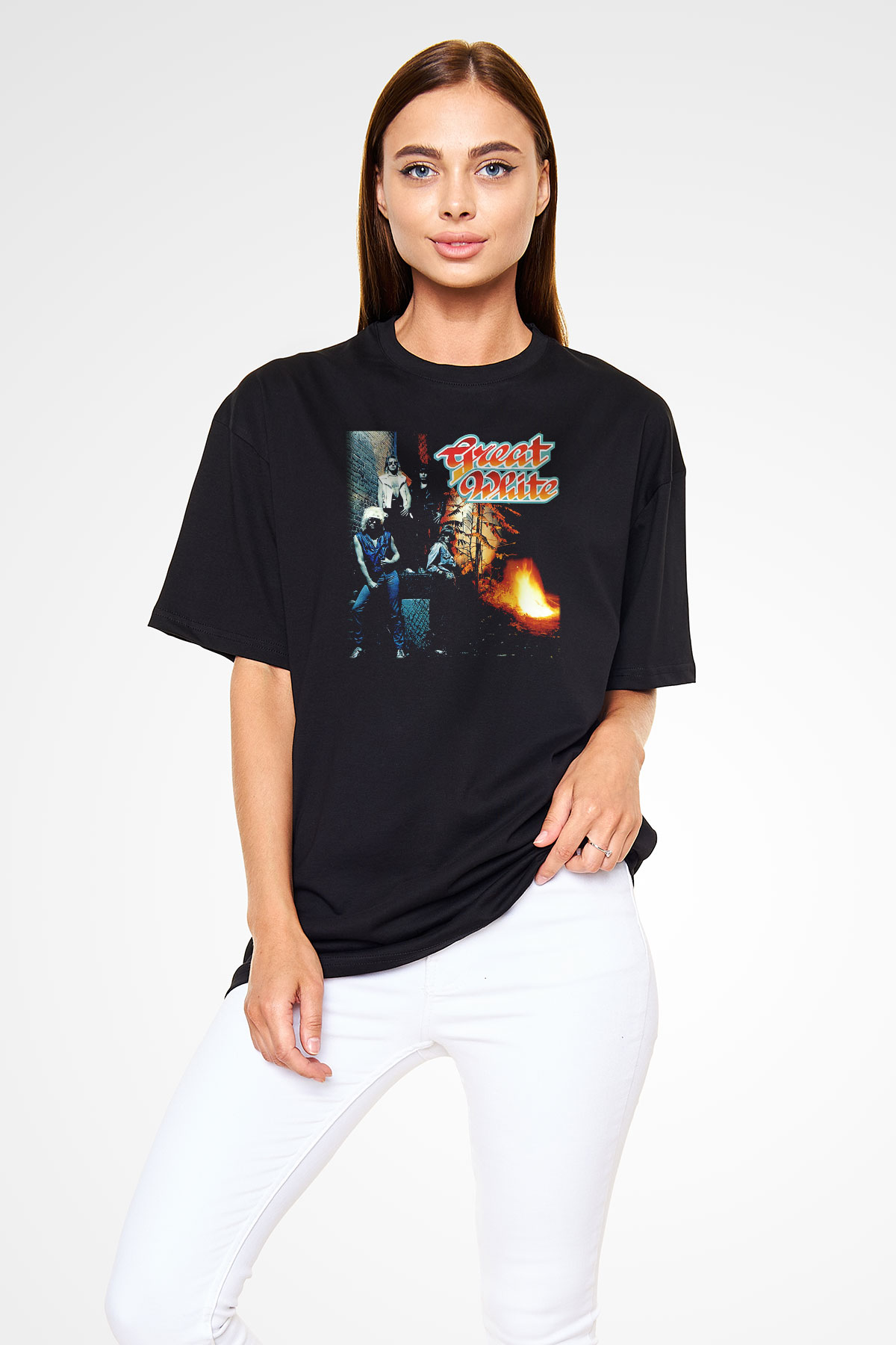 Great White Siyah Unisex Oversize Tişört T-Shirt