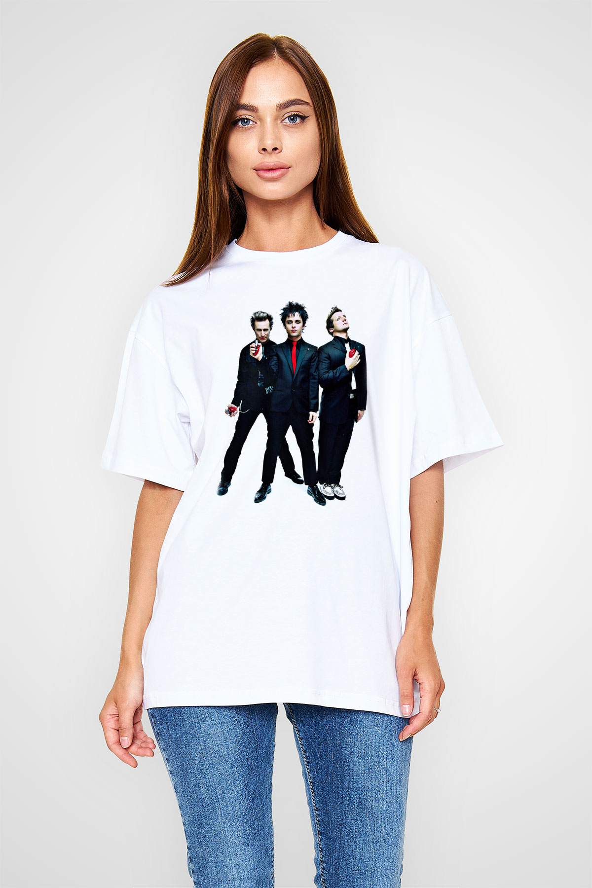 Green Day Baskılı Unisex Beyaz Oversize Tişört