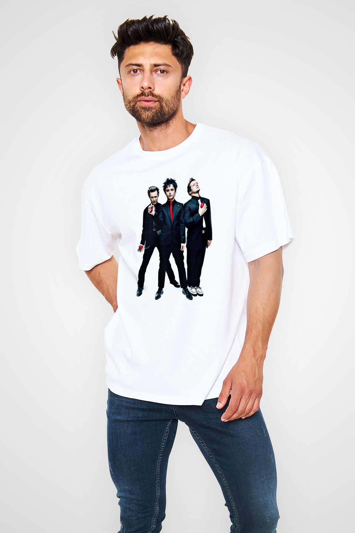 Green Day Baskılı Unisex Beyaz Oversize Tişört