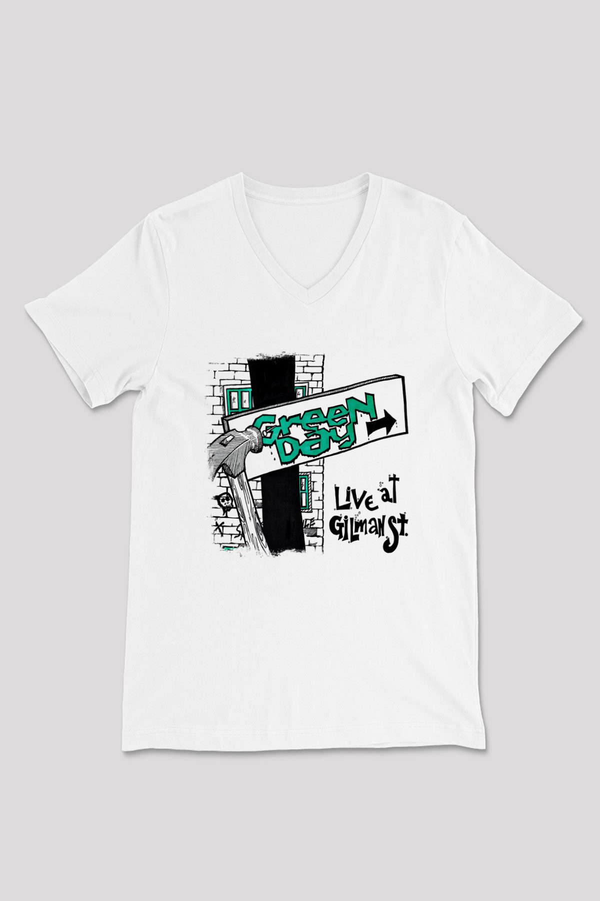 Green Day Baskılı Unisex Beyaz V Yaka Tişört