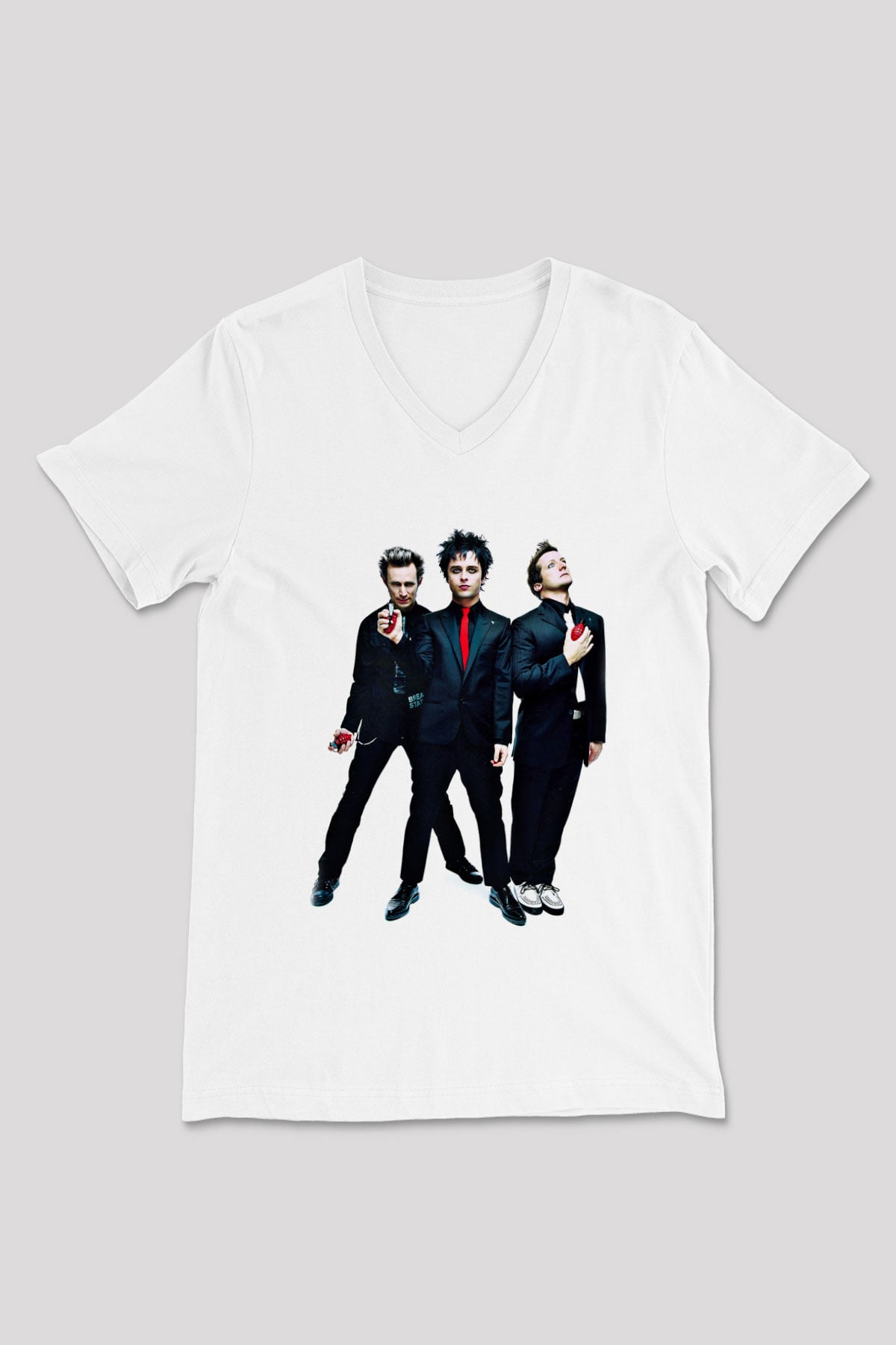 Green Day Baskılı Unisex Beyaz V Yaka Tişört