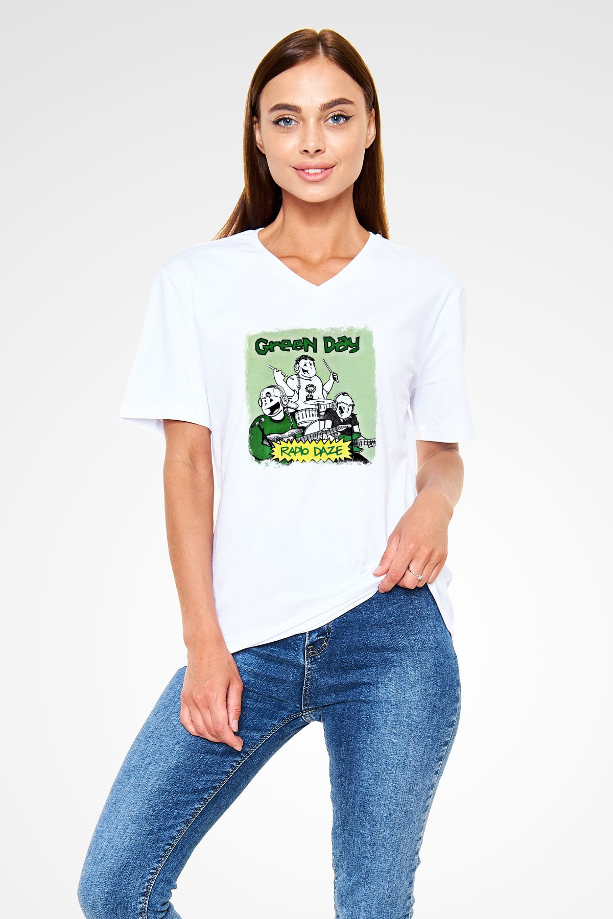 Green Day Baskılı Unisex Beyaz V Yaka Tişört