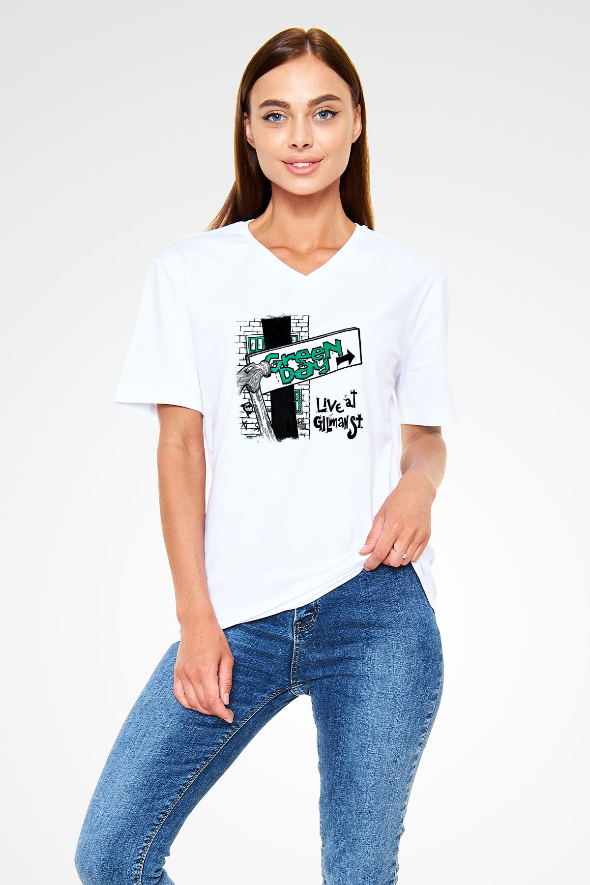 Green Day Baskılı Unisex Beyaz V Yaka Tişört