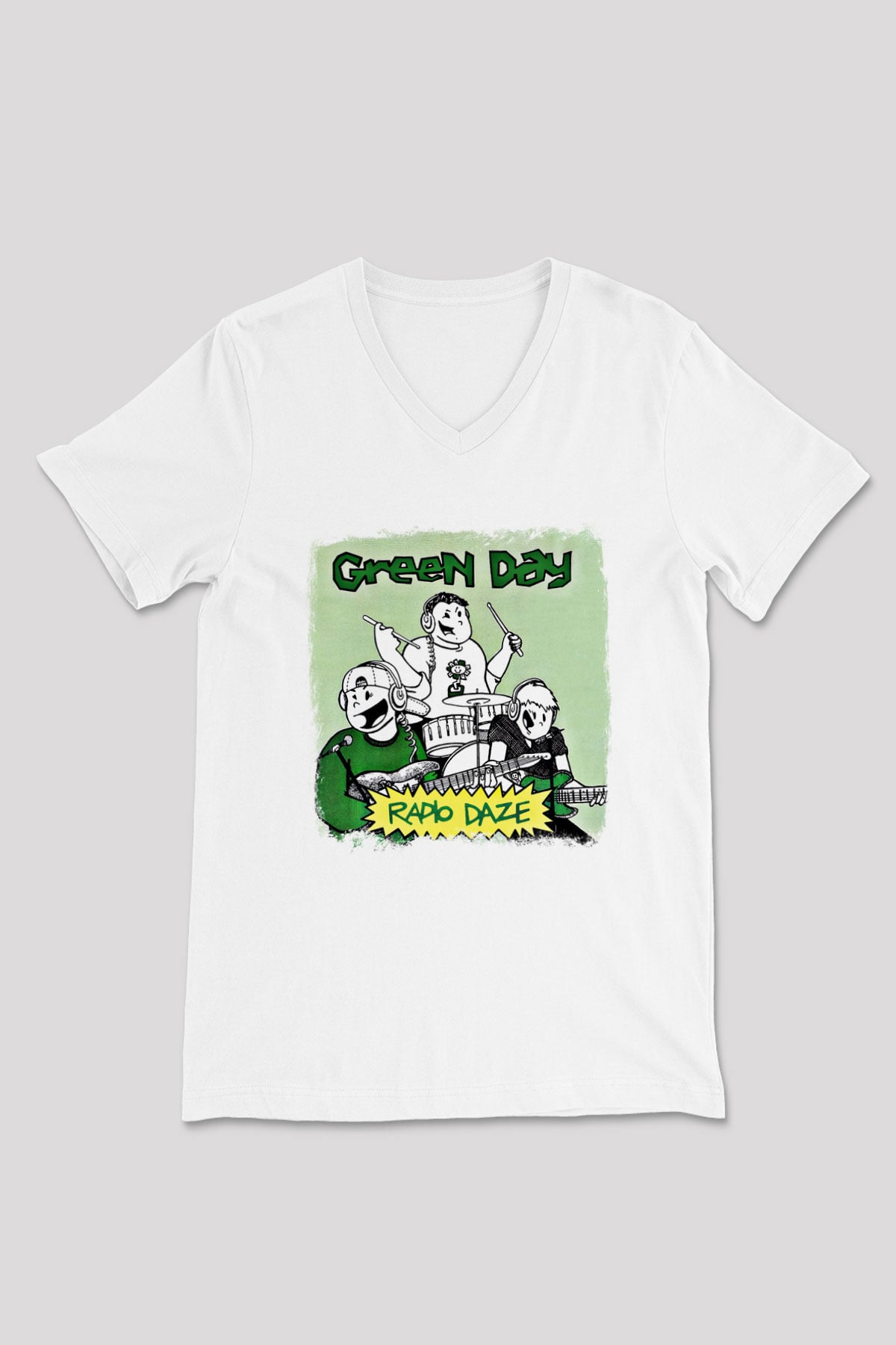 Green Day Baskılı Unisex Beyaz V Yaka Tişört