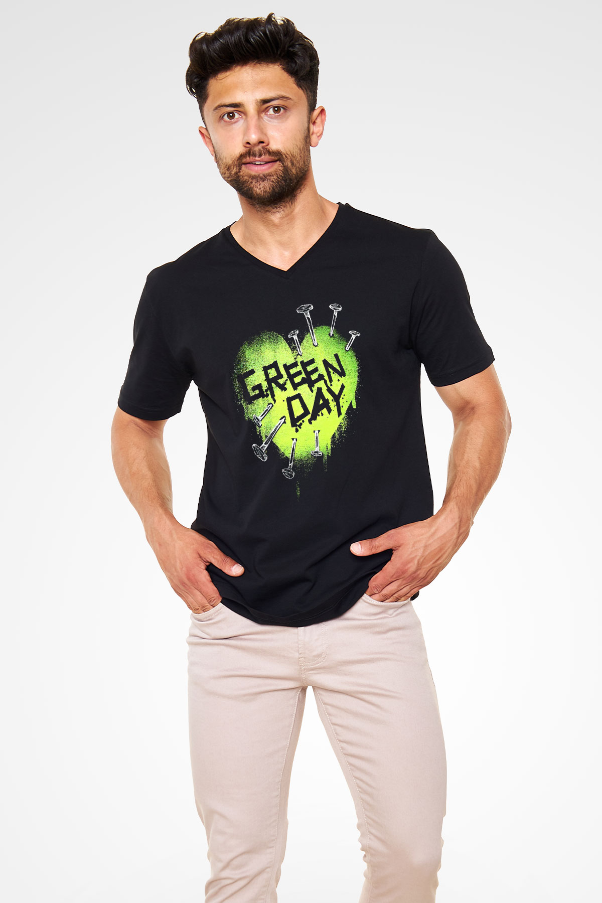 Green Day Siyah Unisex V Yaka Tişört T-Shirt
