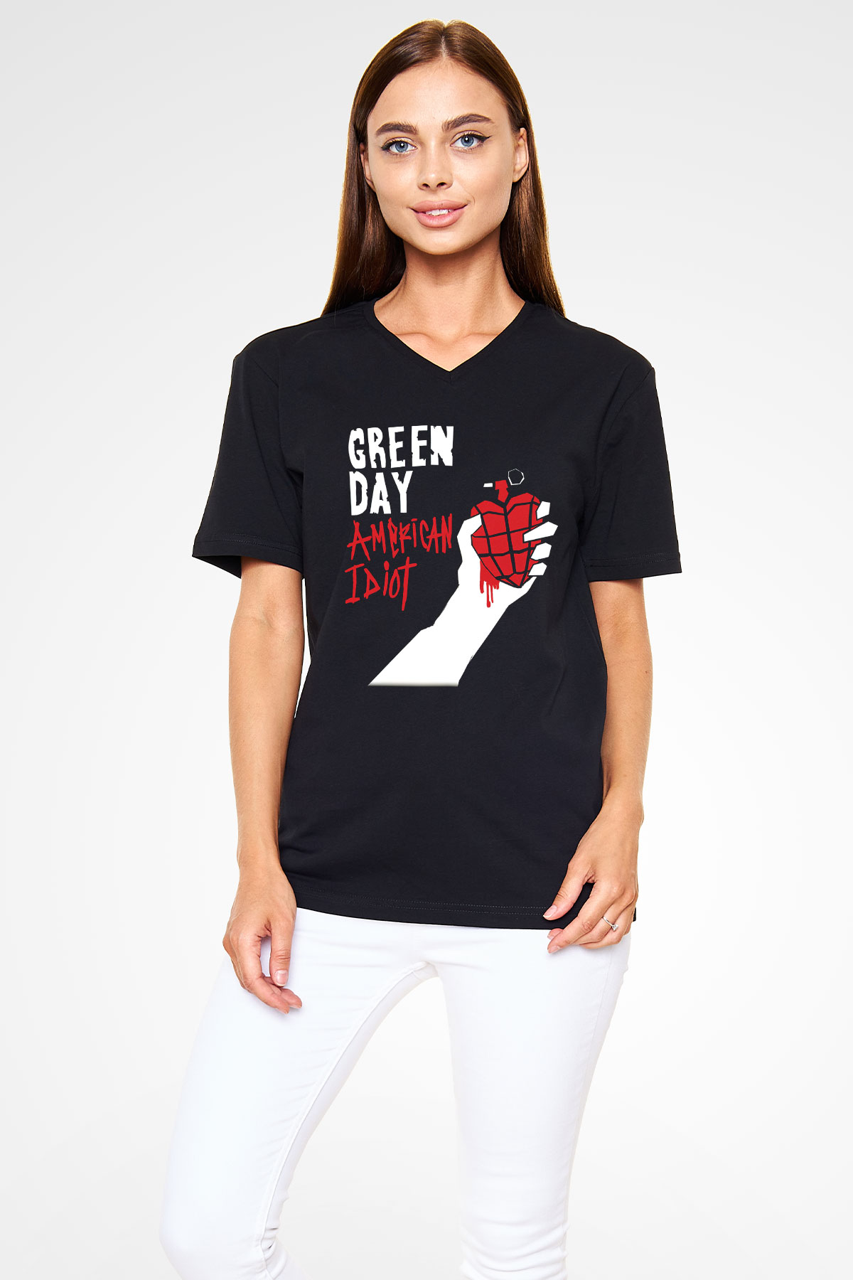 Green Day Siyah Unisex V Yaka Tişört T-Shirt
