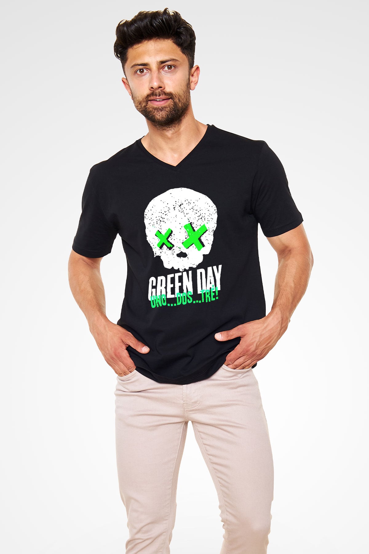 Green Day Siyah Unisex V Yaka Tişört T-Shirt