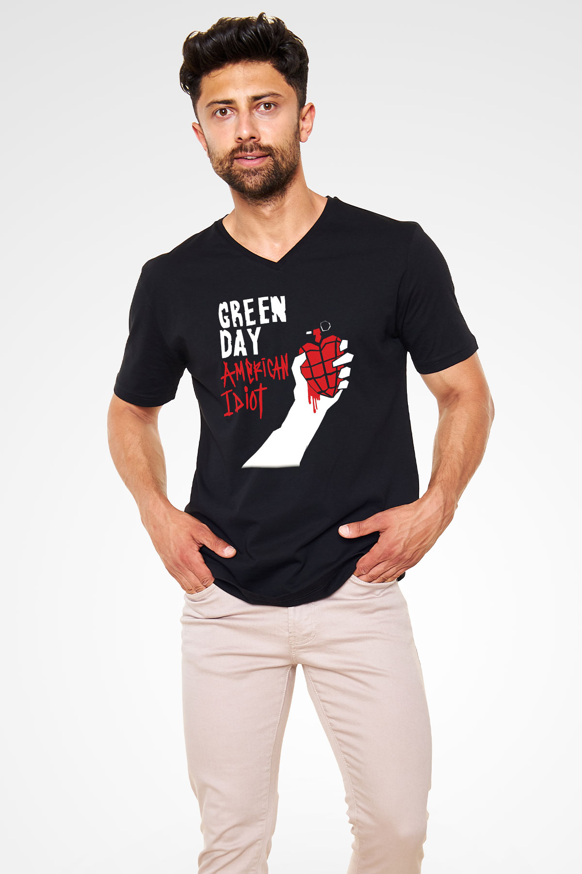 Green Day Siyah Unisex V Yaka Tişört T-Shirt