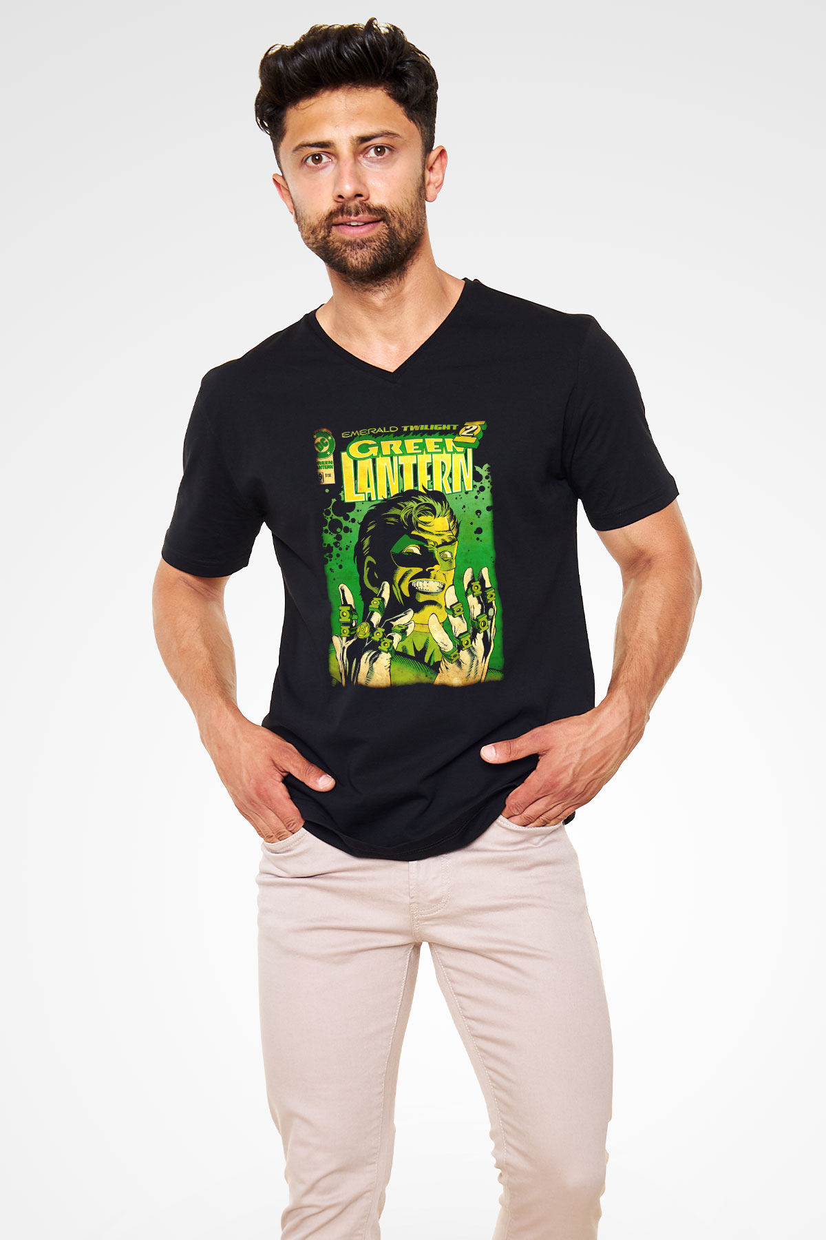 Green Lantern Siyah Unisex  V Yaka Tişört