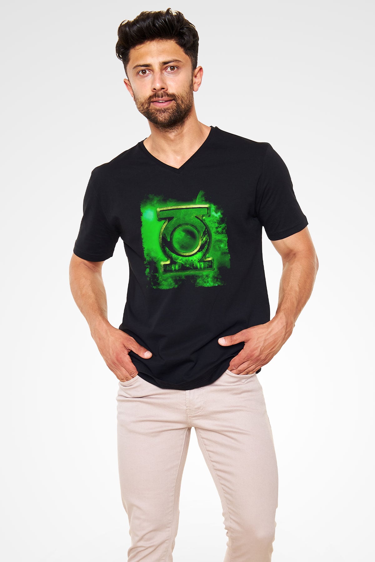Green Lantern Siyah Unisex  V Yaka Tişört
