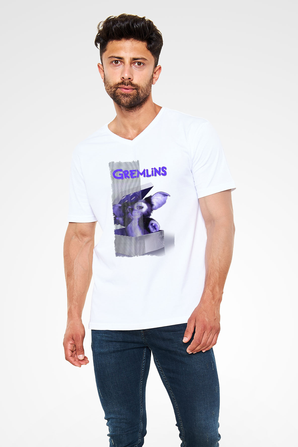 Gremlins Beyaz Unisex V Yaka Tişört