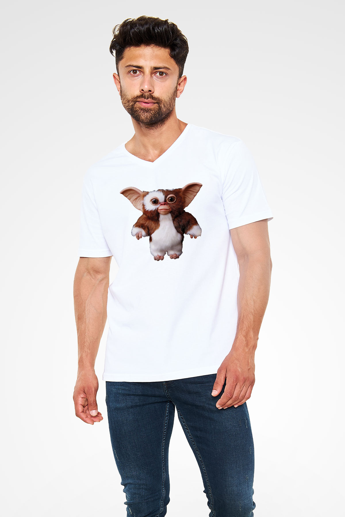 Gremlins Beyaz Unisex V Yaka Tişört T-Shirt