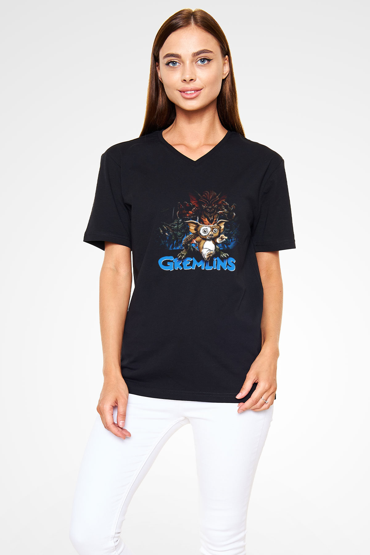 Gremlins Siyah Unisex V Yaka Tişört T-Shirt