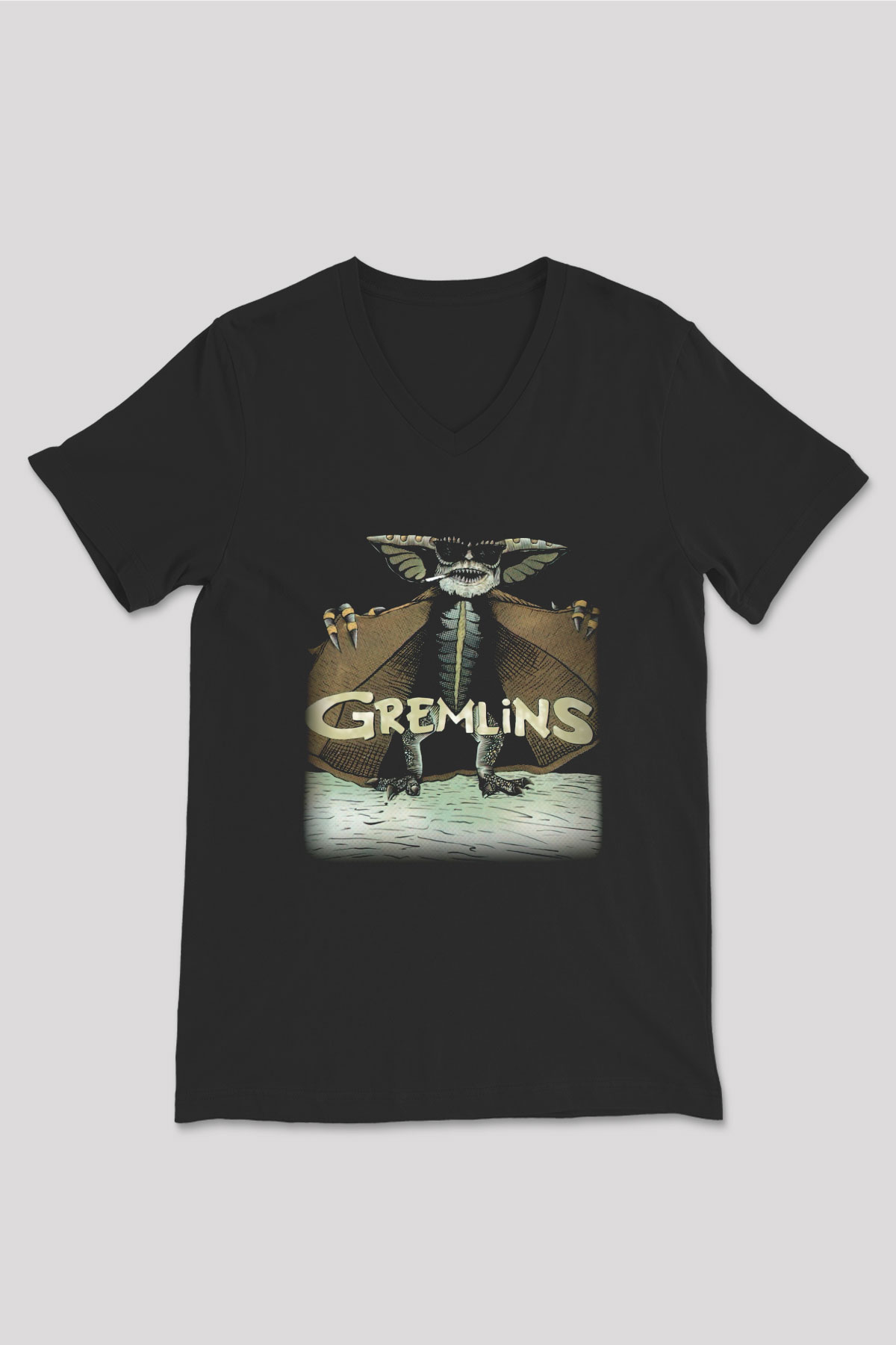 Gremlins Siyah Unisex V Yaka Tişört T-Shirt