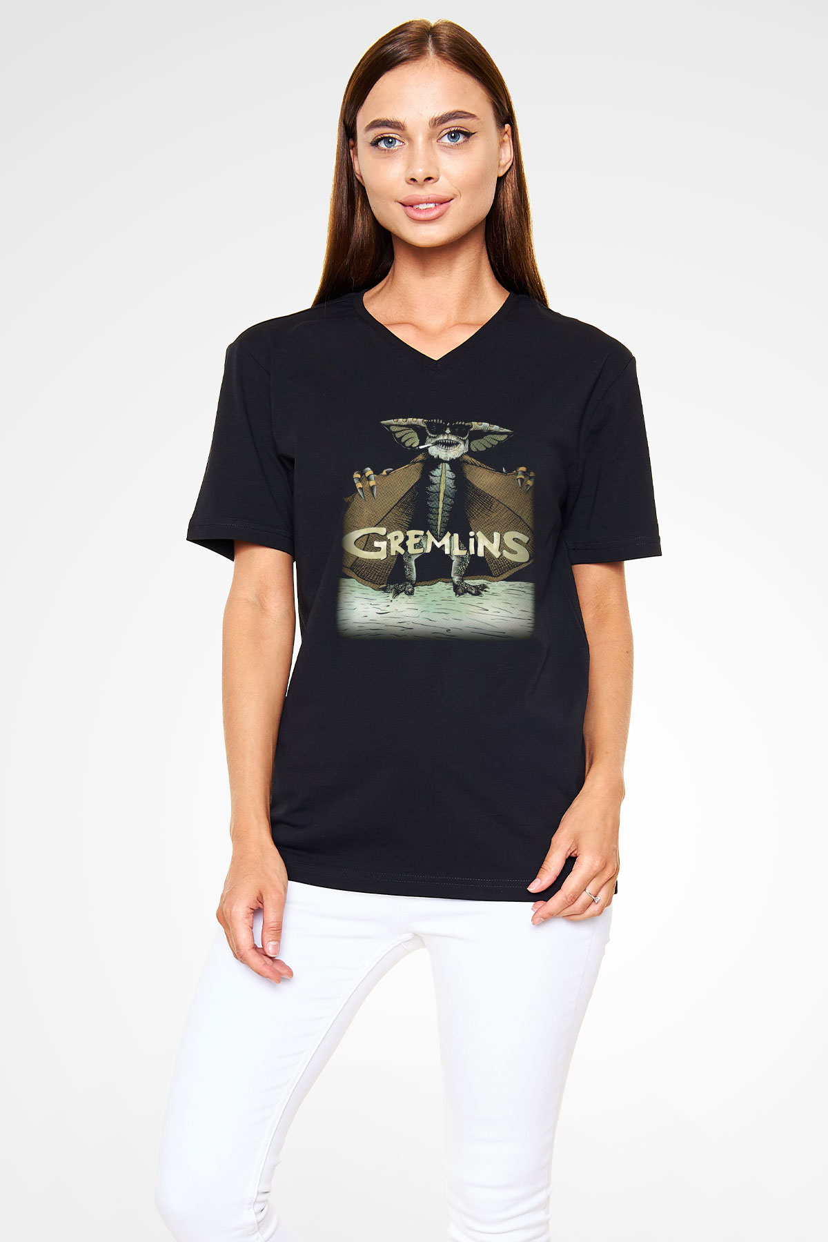 Gremlins Siyah Unisex V Yaka Tişört T-Shirt