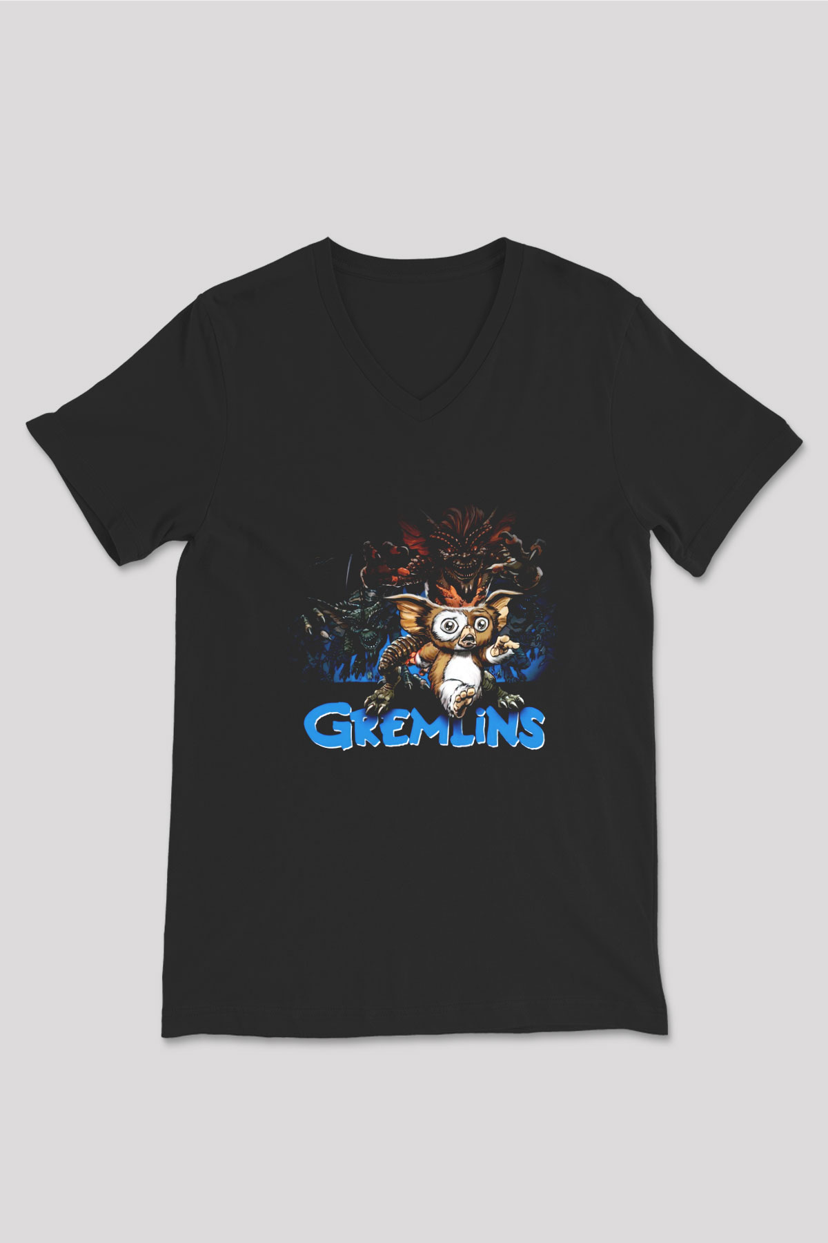 Gremlins Siyah Unisex V Yaka Tişört T-Shirt