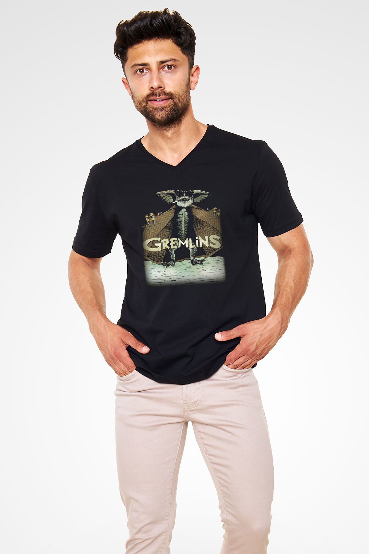 Gremlins Siyah Unisex V Yaka Tişört T-Shirt