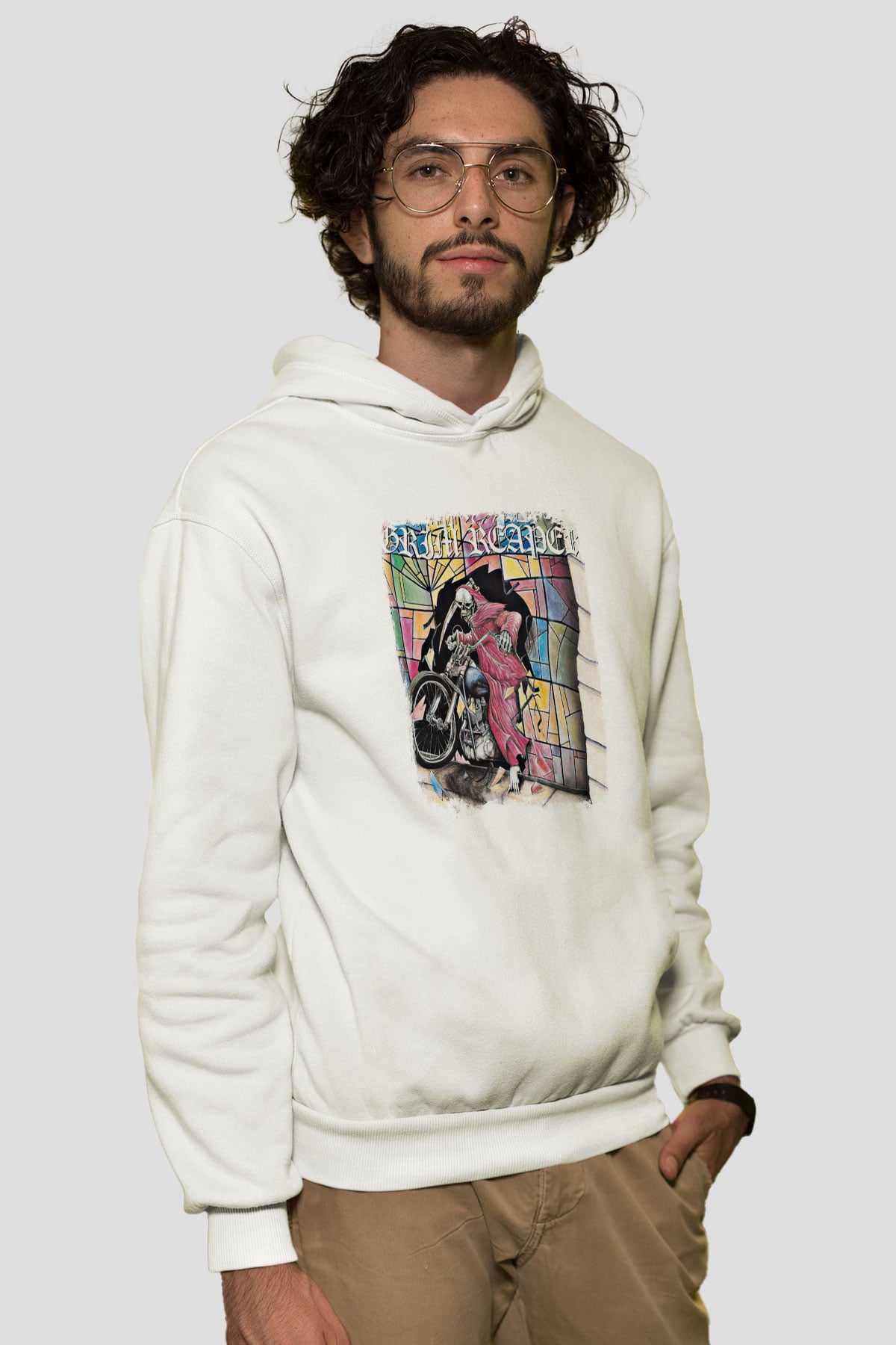 Grim Reaper Baskılı Unisex Beyaz Hoodie
