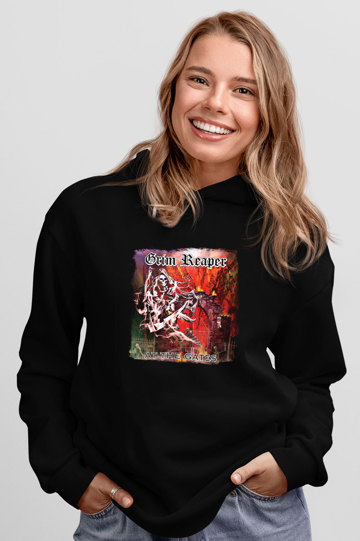 Grim Reaper Baskılı Unisex Siyah Hoodie