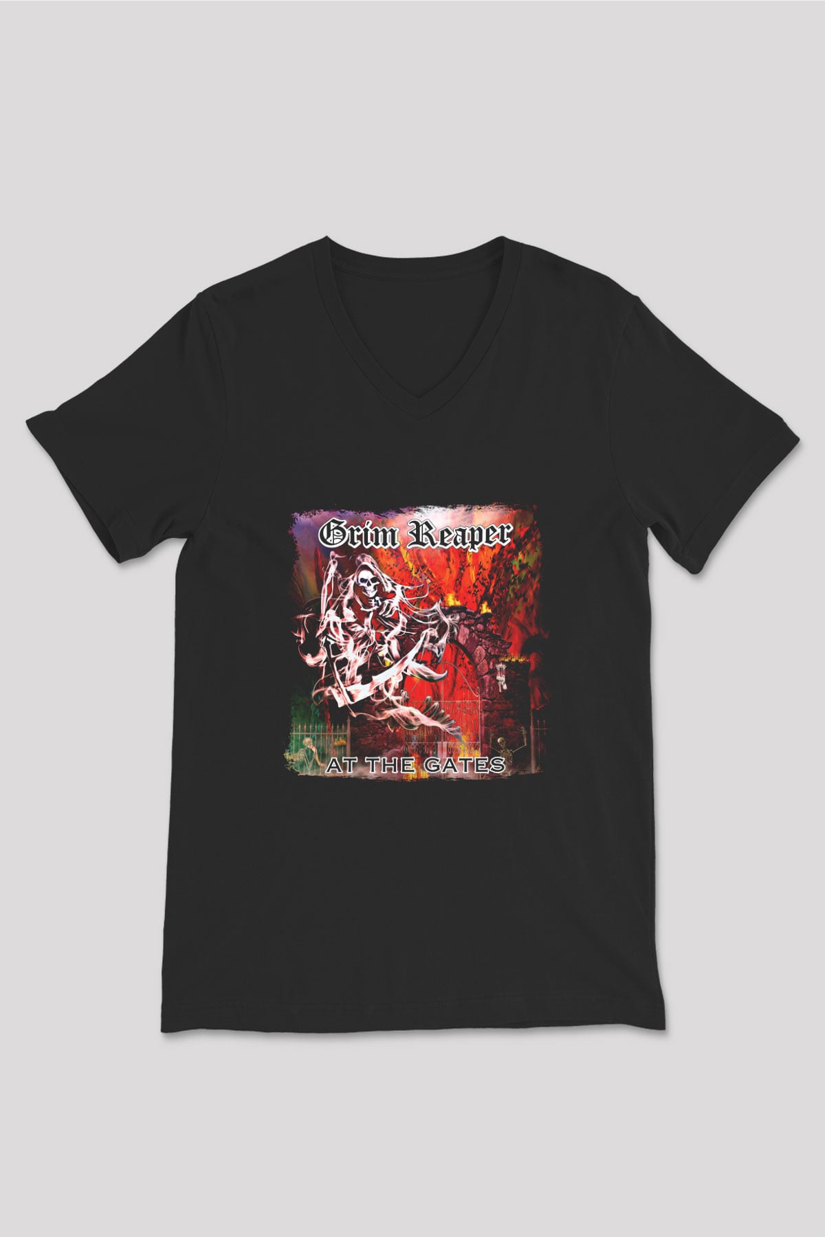 Grim Reaper Baskılı Unisex Siyah V Yaka Tişört