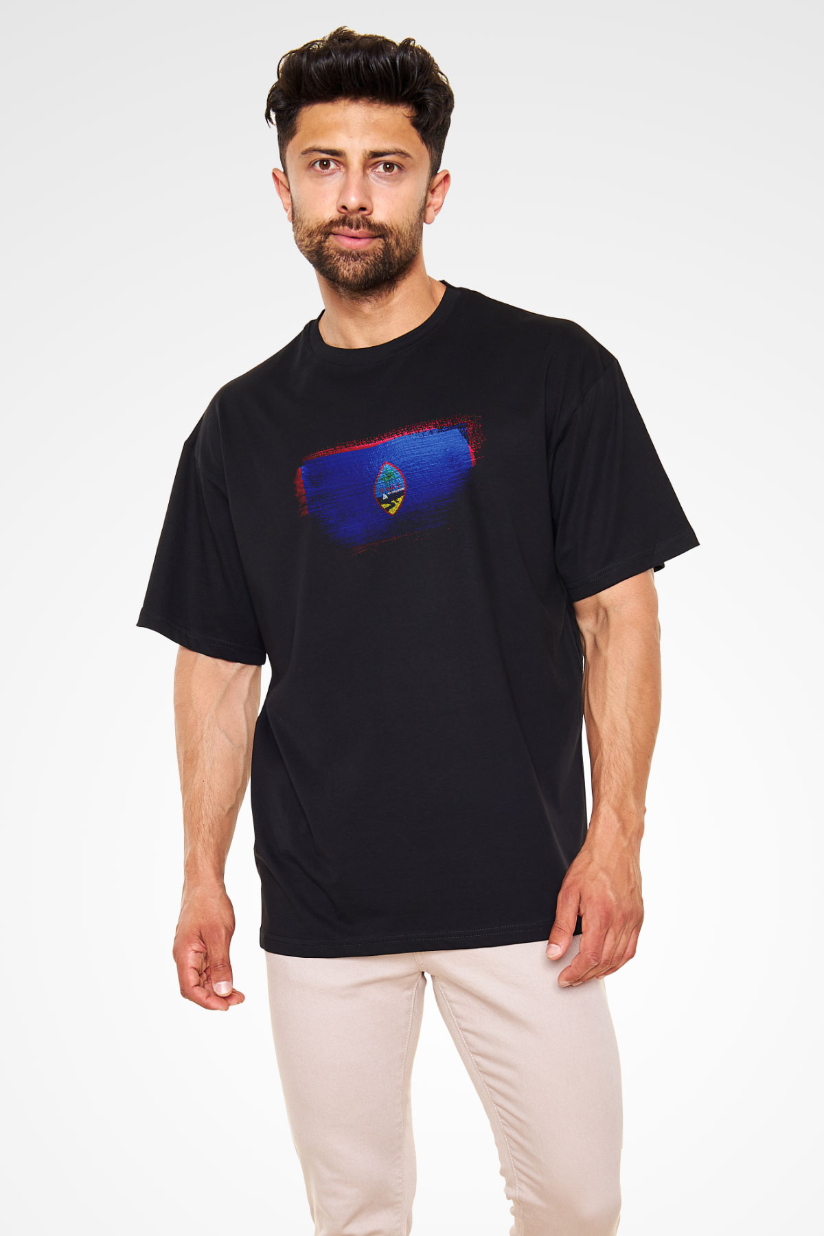 Guam Bayrağı Baskılı Unisex Siyah Oversize Tişört
