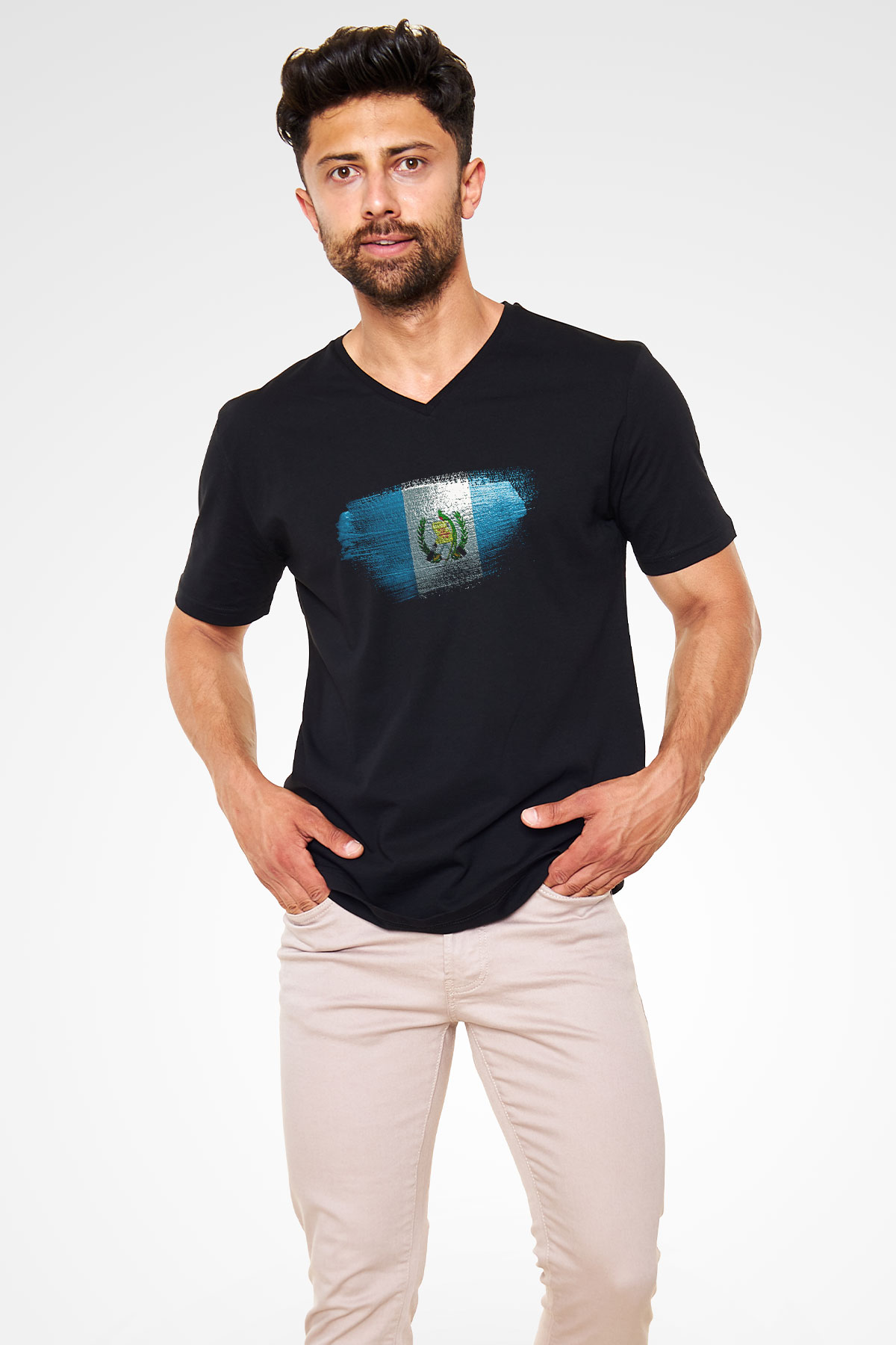 Guatemala Bayrağı Baskılı Unisex Siyah V Yaka Tişört