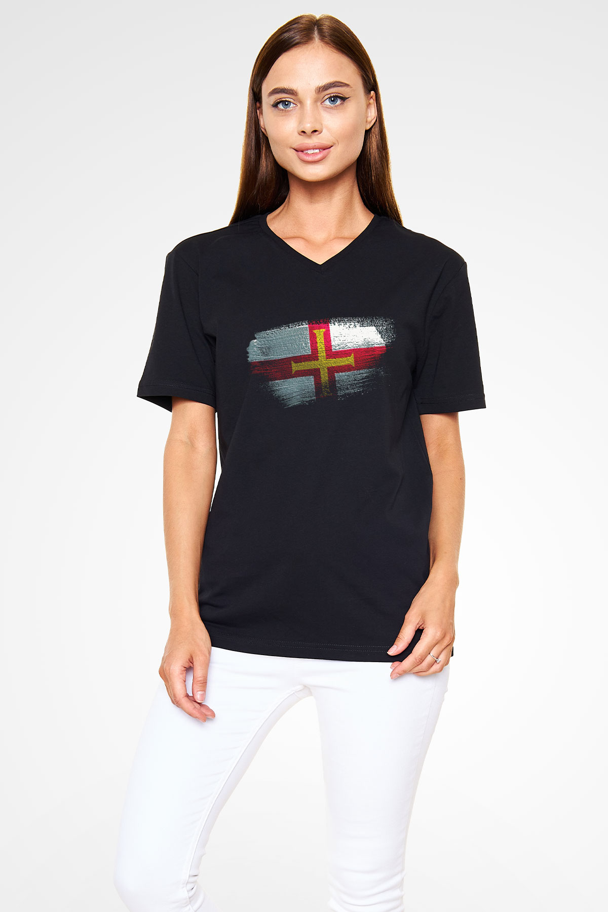 Guernsey Bayrağı Baskılı Unisex Siyah V Yaka Tişört