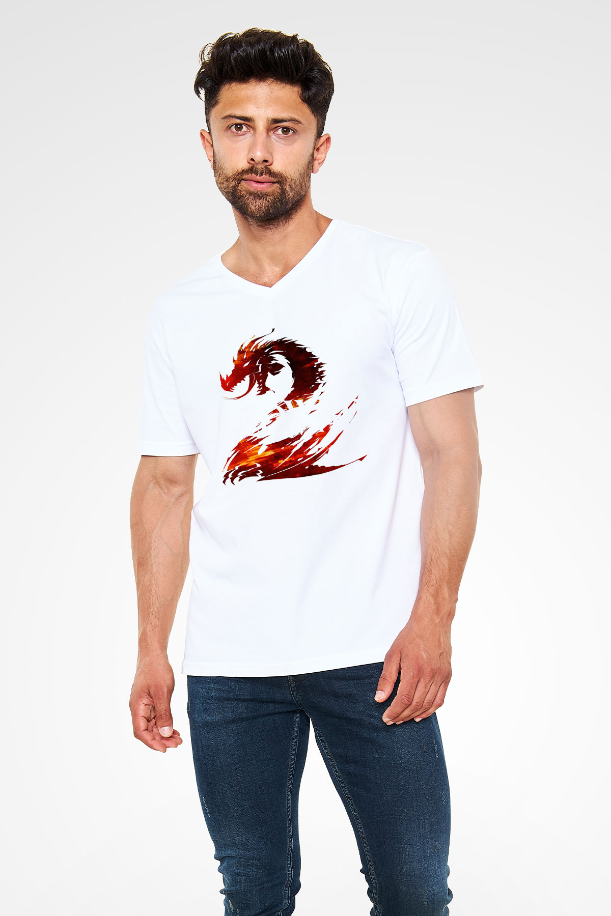 Guild Wars Beyaz Unisex V Yaka Tişört T-Shirt
