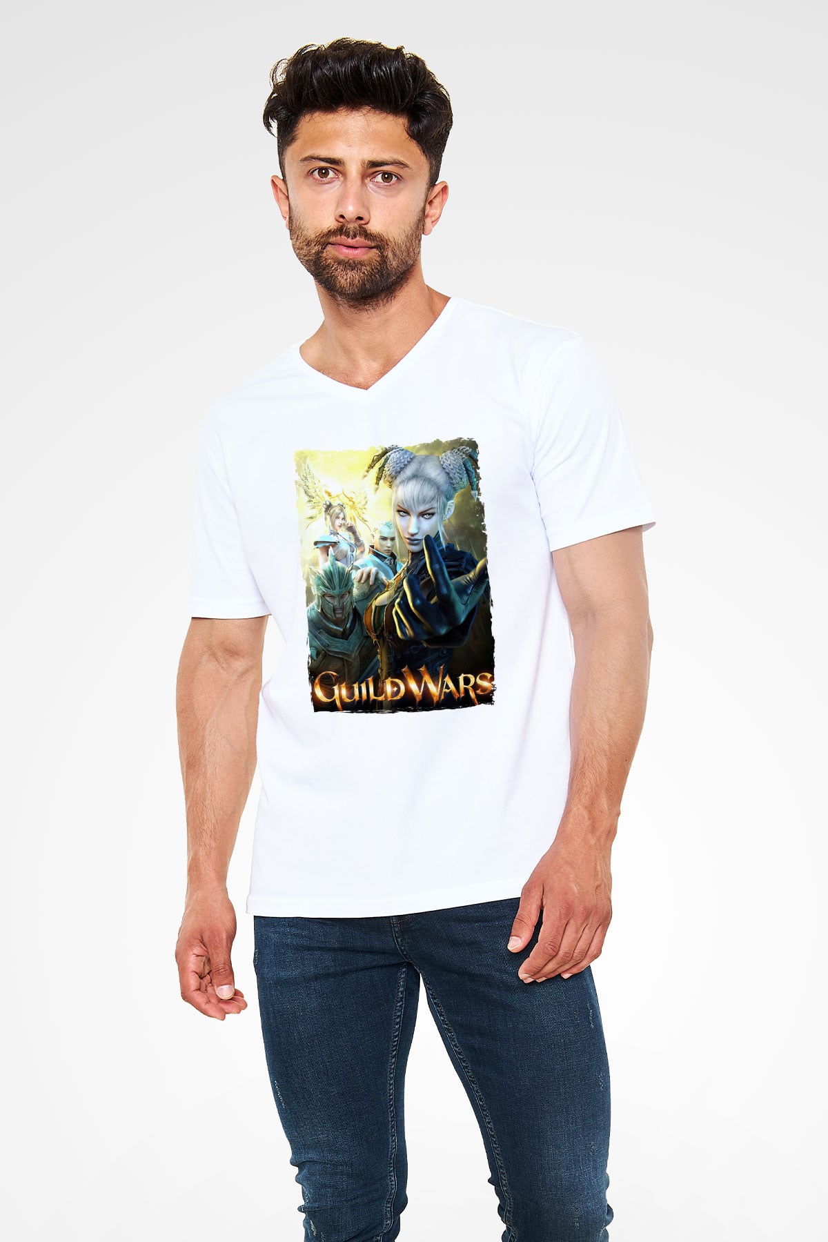 Guild Wars Beyaz Unisex V Yaka Tişört
