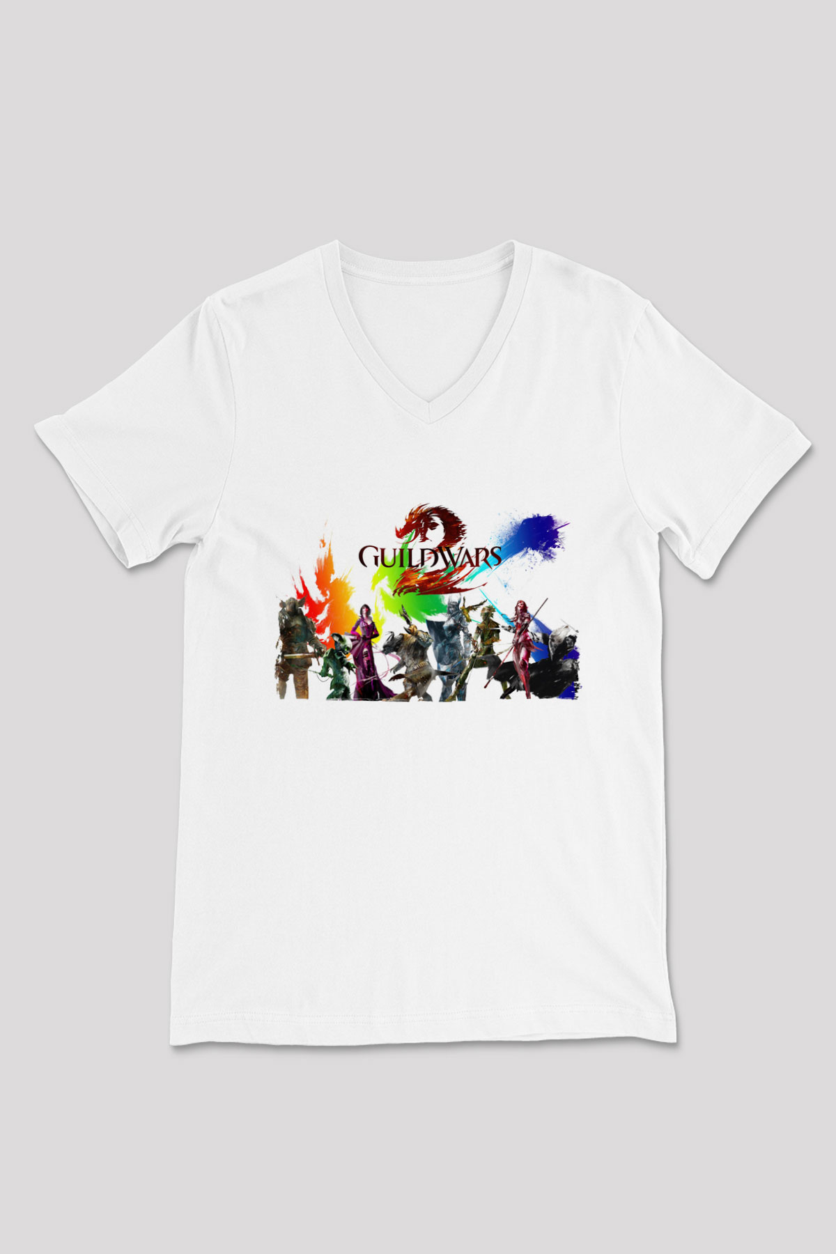 Guild Wars Beyaz Unisex V Yaka Tişört
