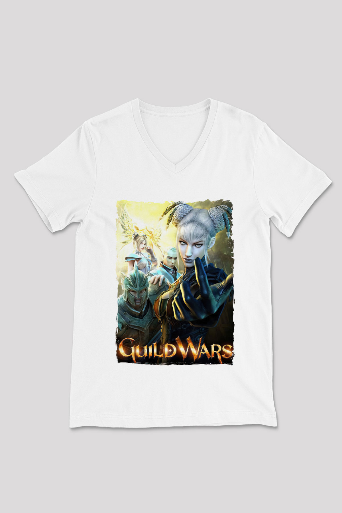 Guild Wars Beyaz Unisex V Yaka Tişört