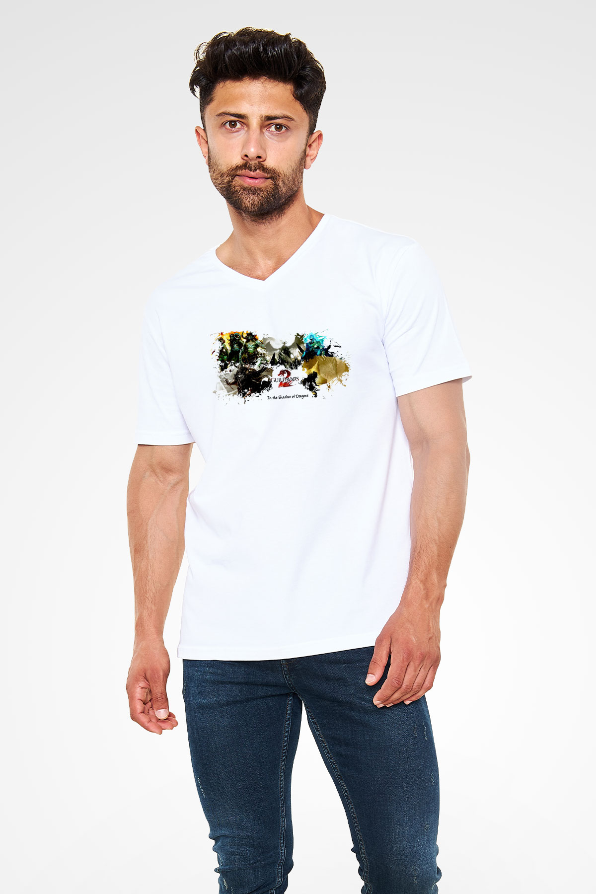 Guild Wars Beyaz Unisex V Yaka Tişört