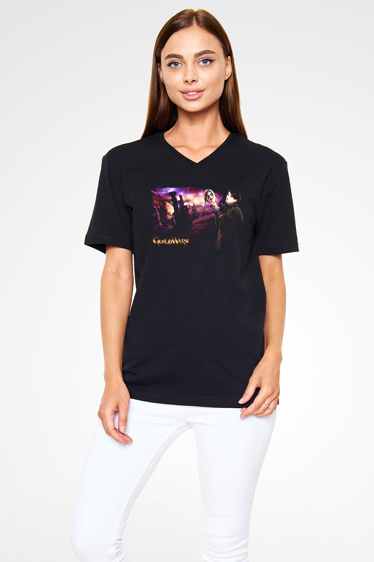 Guild Wars Siyah Unisex V Yaka Tişört