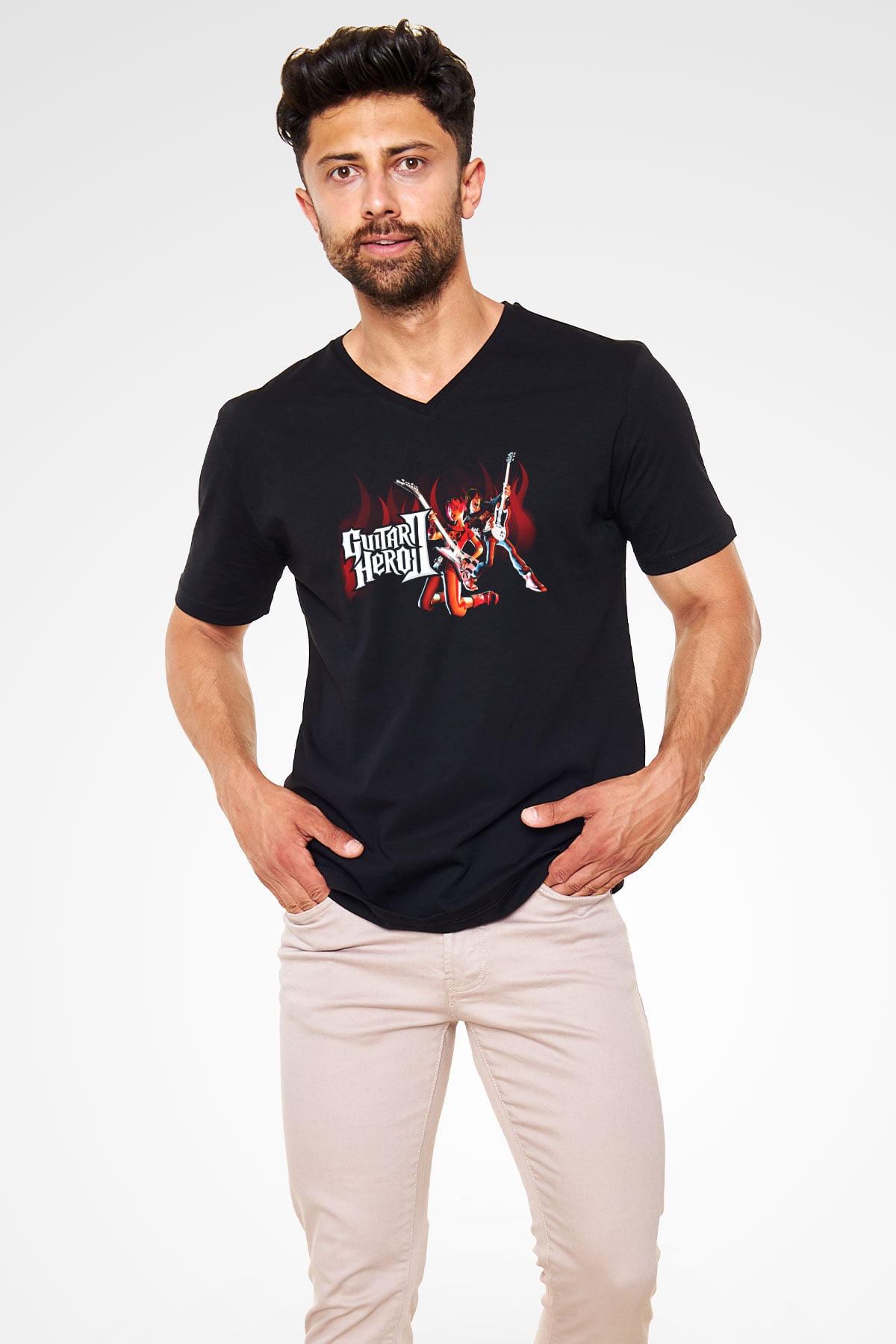 Guitar Hero Siyah Unisex V Yaka Tişört T-Shirt