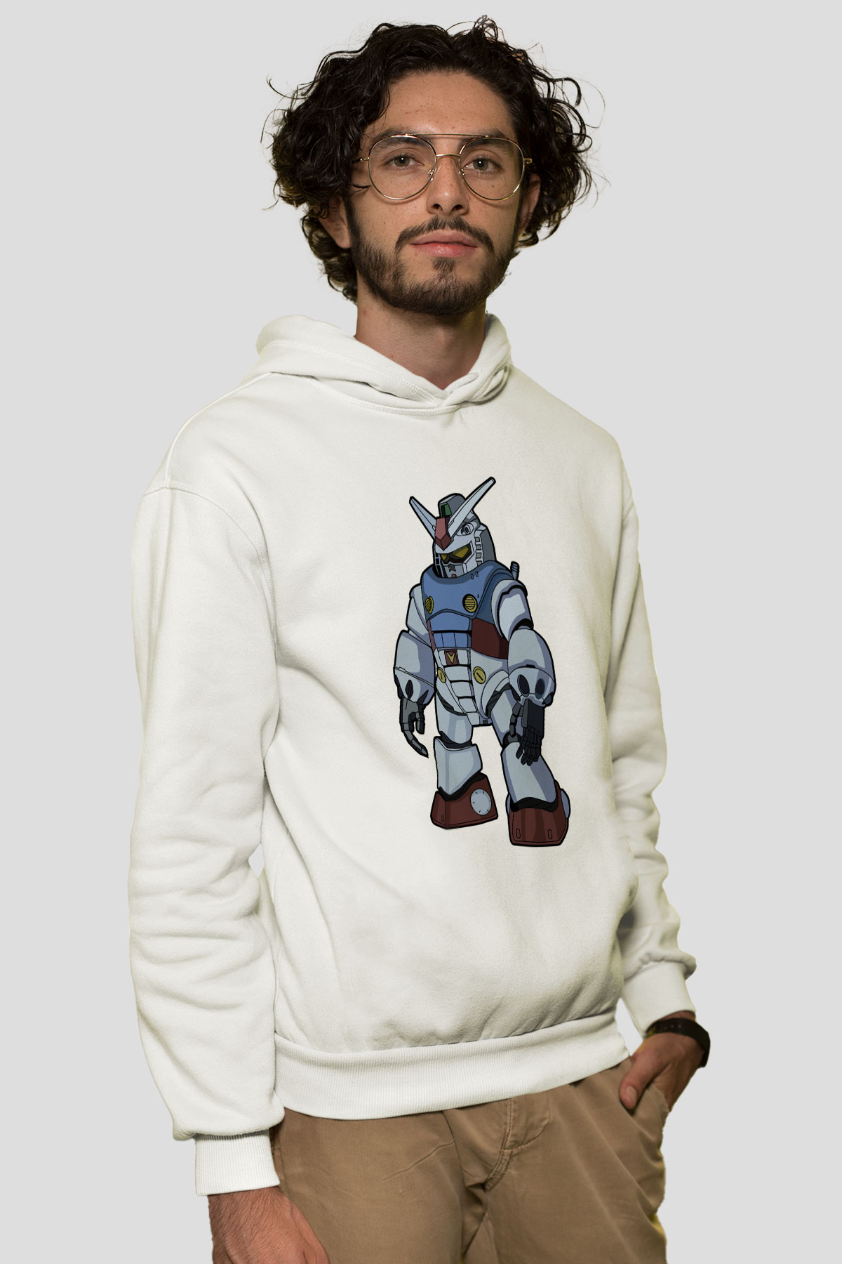 Gundam Robot Baskılı Unisex Beyaz Hoodie