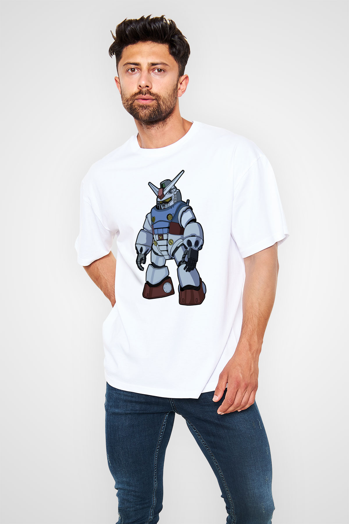 Gundam Robot Baskılı Unisex Beyaz Oversize Tişört