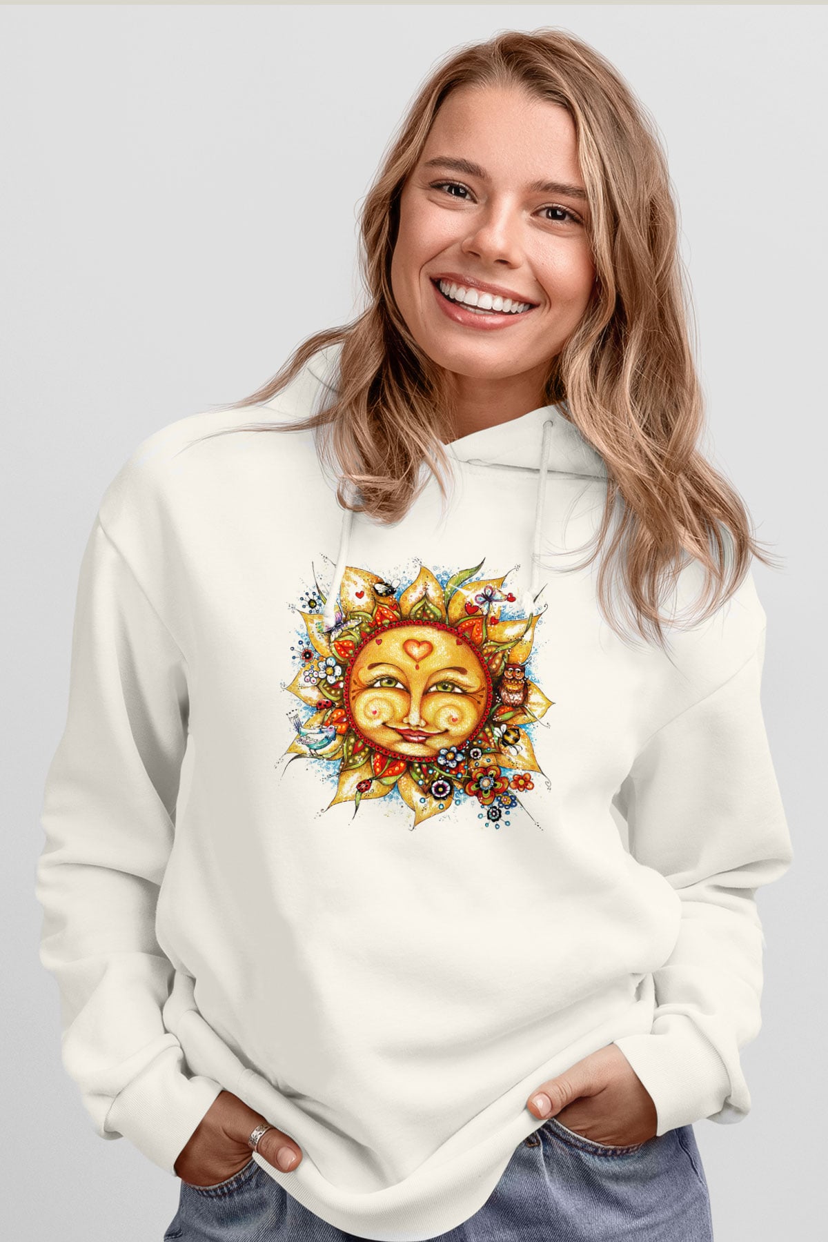 Güneş Beyaz Unisex Kapşonlu Sweatshirt