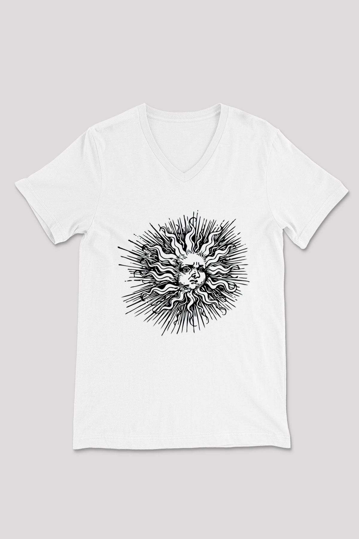Güneş Beyaz Unisex V Yaka Tişört T-Shirt