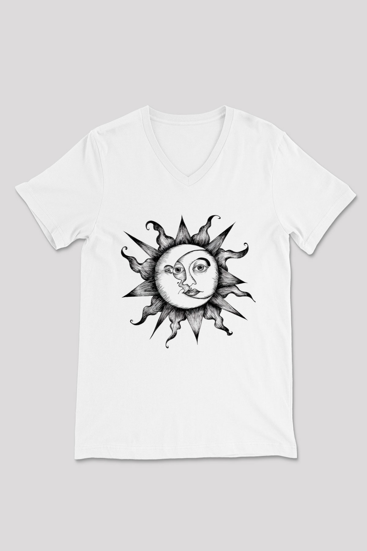 Güneş Beyaz Unisex V Yaka Tişört T-Shirt