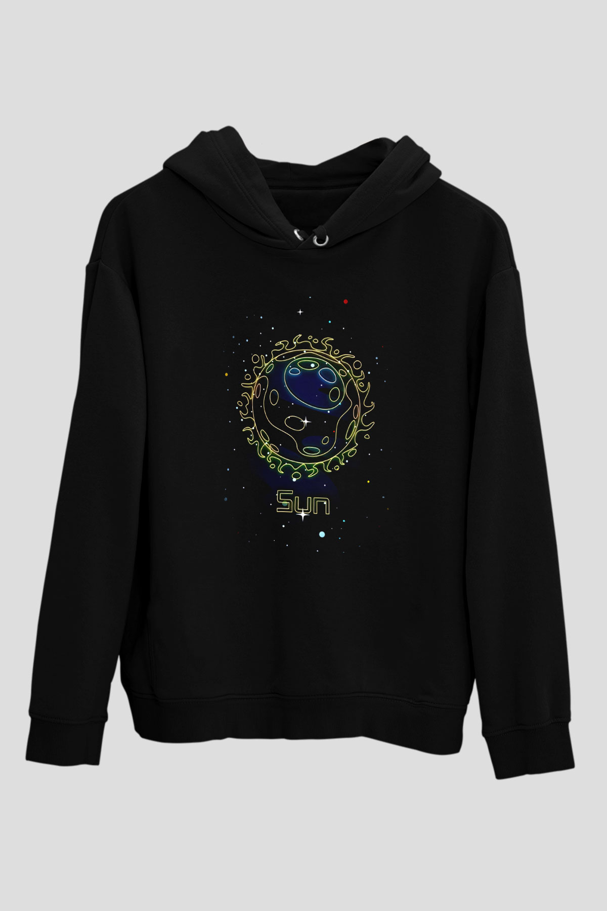 Güneş Çizim Baskılı Unisex Siyah Hoodie