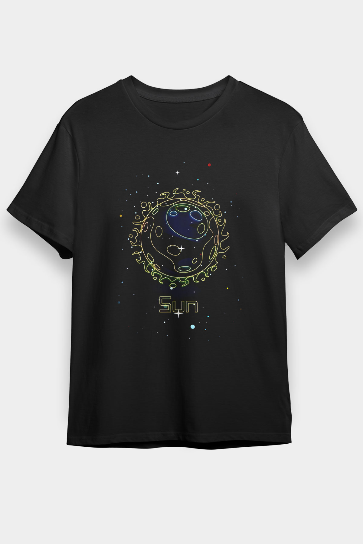 Güneş Çizim Baskılı Unisex Siyah Tişört - Tshirt