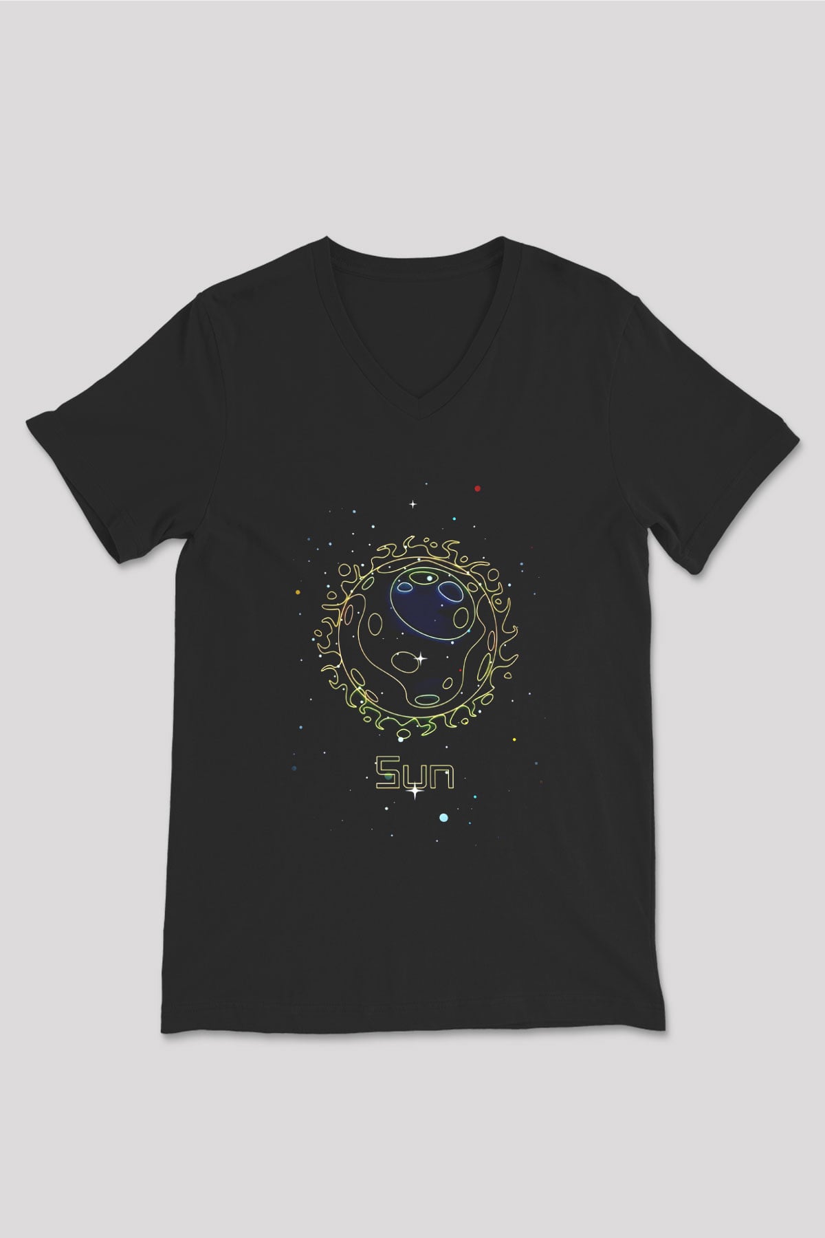 Güneş Çizim Baskılı Unisex V Yaka Siyah Tİşört - Tshirt