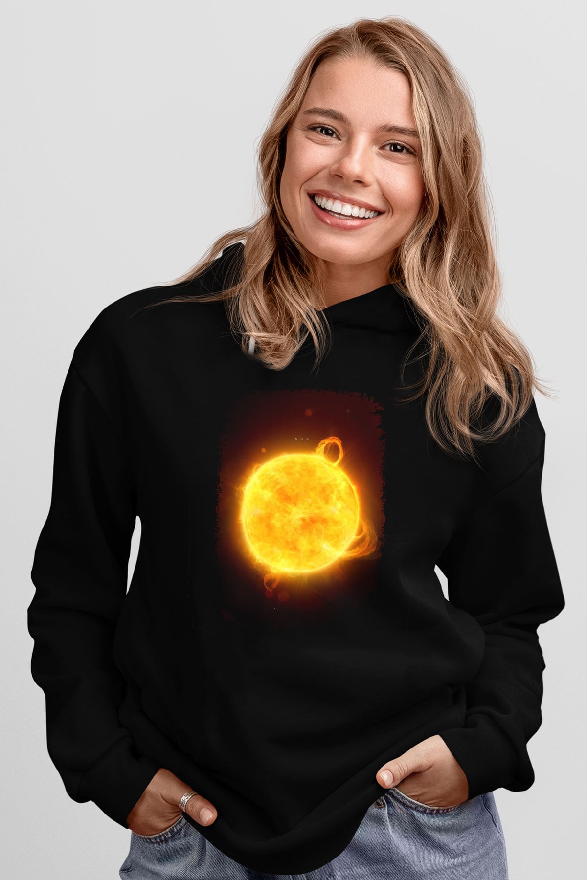 Güneş Çizim Renkli Baskılı Unisex Siyah Hoodie