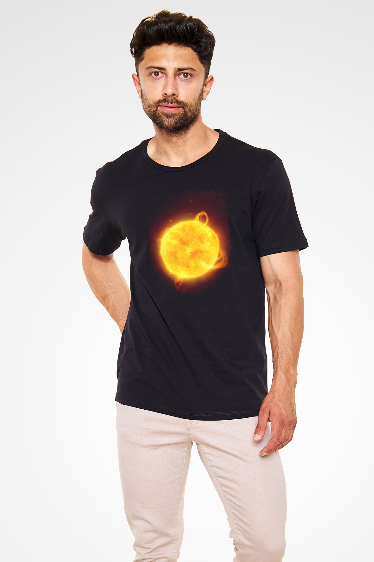Güneş Çizim Renkli Baskılı Unisex Siyah Tişört - Tshirt