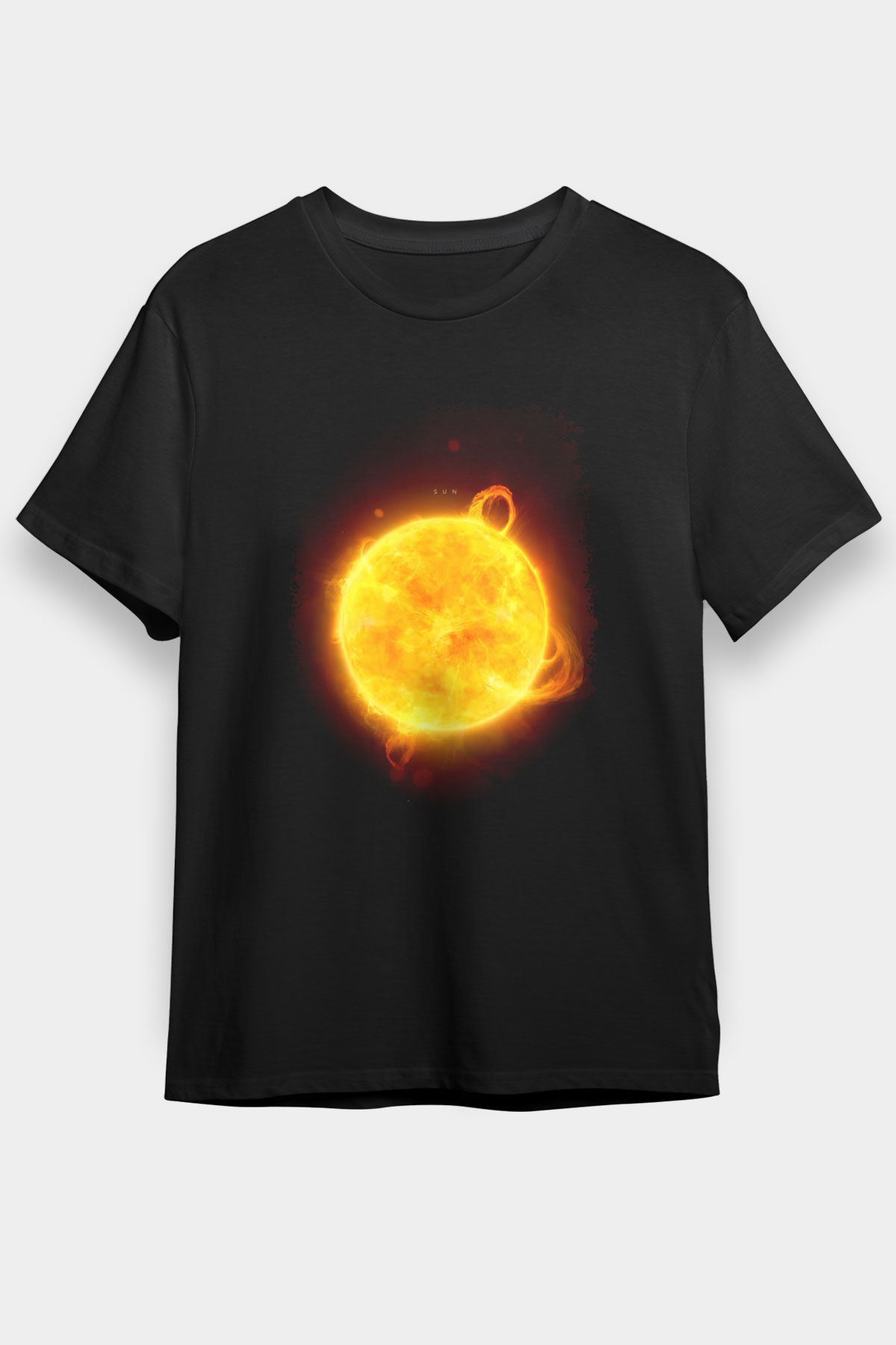 Güneş Çizim Renkli Baskılı Unisex Siyah Tişört - Tshirt