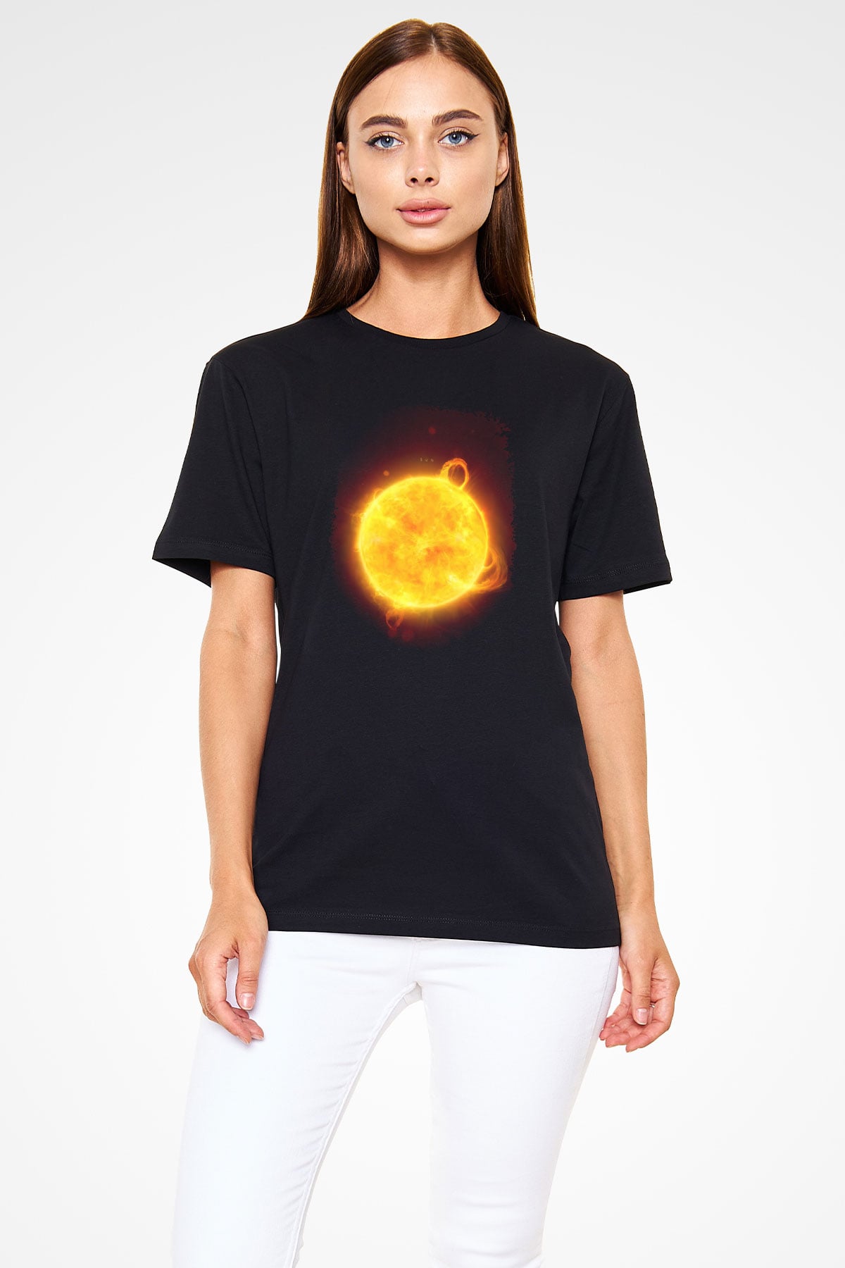 Güneş Çizim Renkli Baskılı Unisex Siyah Tişört - Tshirt