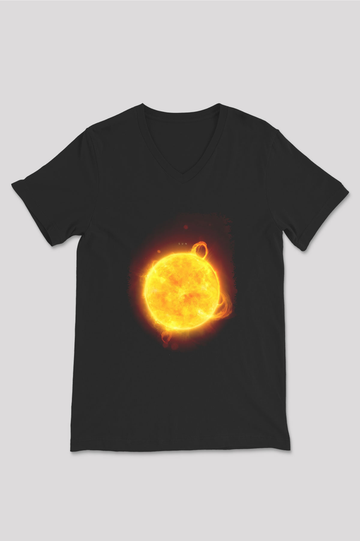 Güneş Çizim Renkli Baskılı Unisex V Yaka Siyah Tİşört - Tshirt