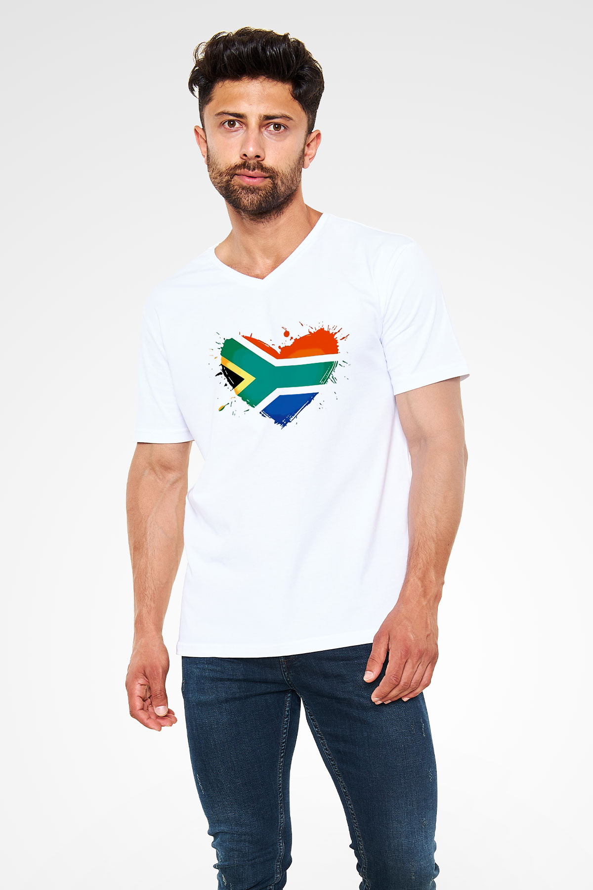 Güney Afrika Cumhuriyeti Beyaz Unisex V Yaka Tişört T-Shirt